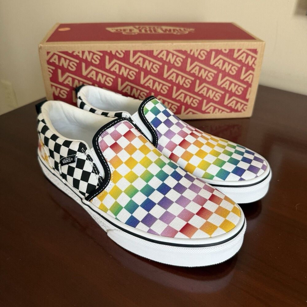 Vans Asher Slip On Youth Sz 5 Rainbow Check Low Skate Multicolor Shoes 36.5